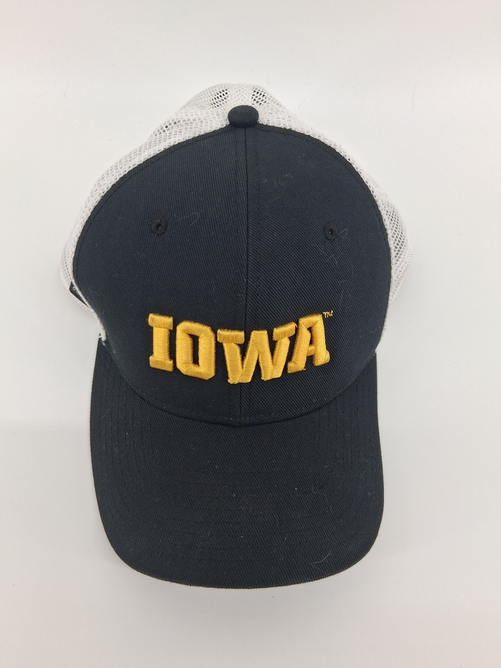 Nike Black and White Trucker Hat with Gold Iowa Embroidery